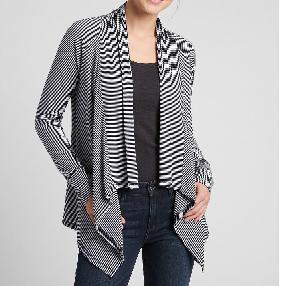 Hawthorne Small Open Front Navy Blue White Striped Cardigan Rayon Spandex